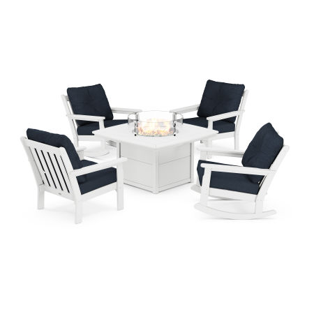 Vineyard 5-Piece Deep Seating Rocking Chair Conversation Set with Fire Pit Table in White / Marine Indigo