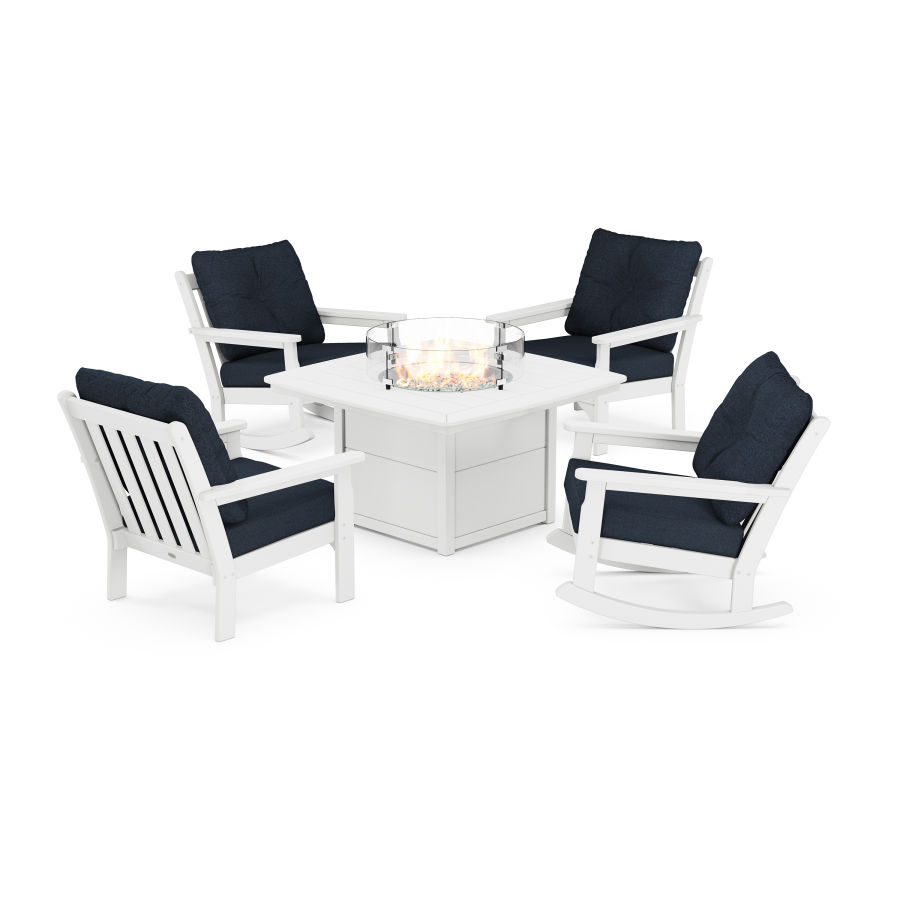 POLYWOOD Vineyard 5-Piece Deep Seating Rocking Chair Conversation Set with Fire Pit Table in White / Marine Indigo