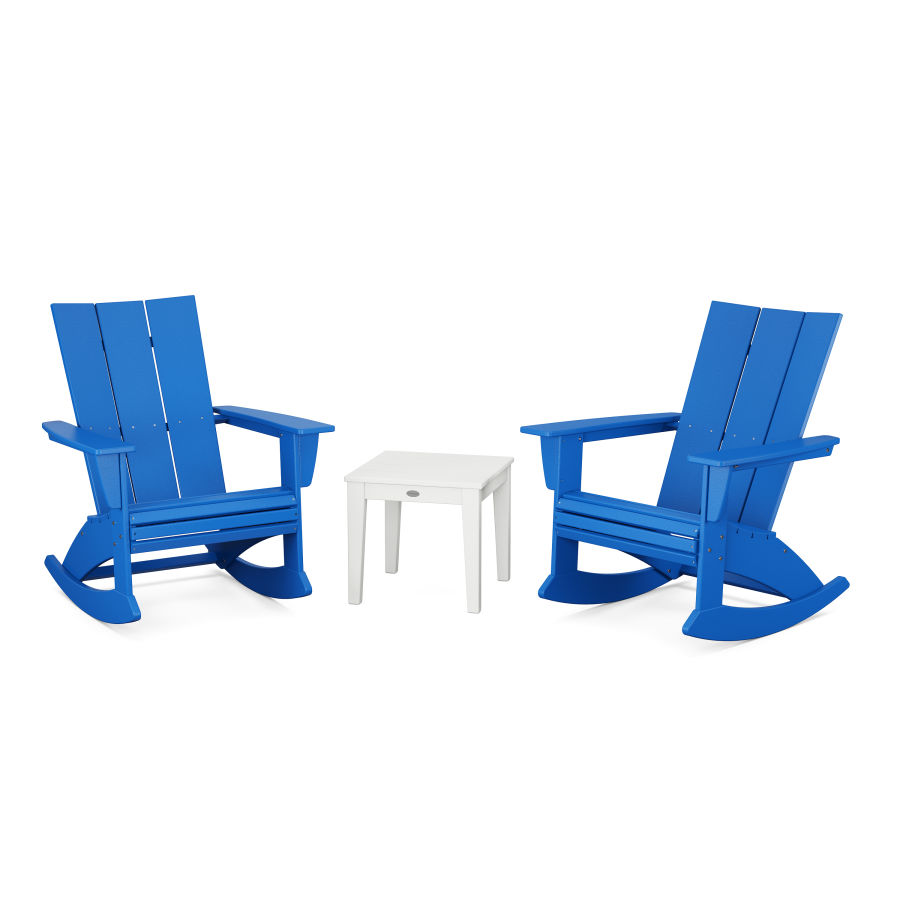POLYWOOD Modern Curveback 3-Piece Adirondack Rocking Chair Set in Pacific Blue / White
