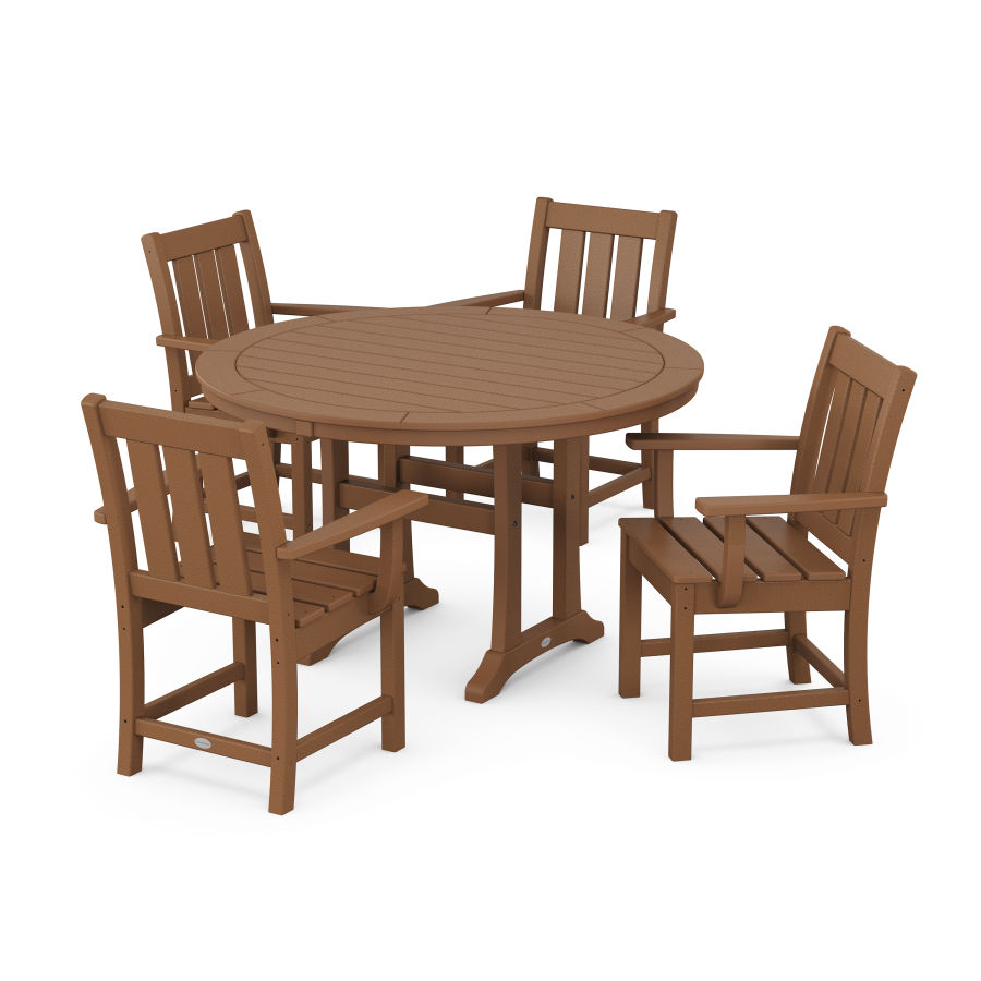 POLYWOOD Oxford 5-Piece Round Dining Set with Trestle Legs in Teak