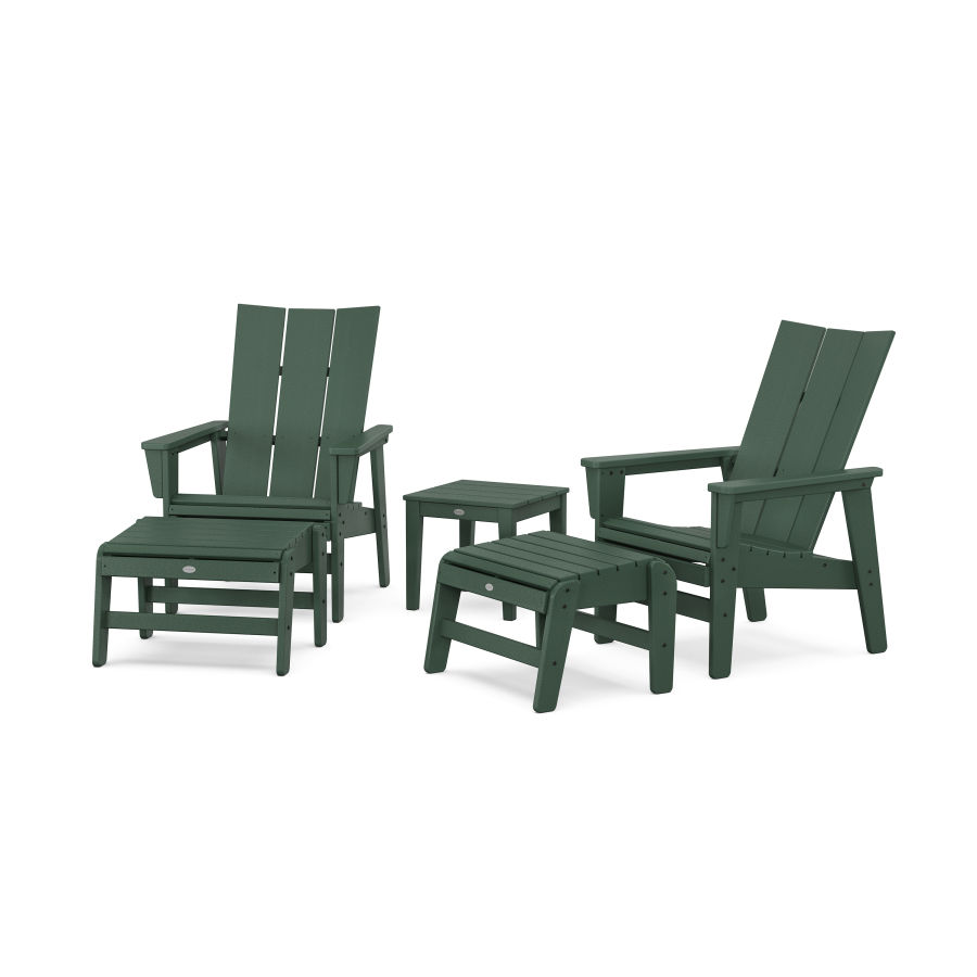 POLYWOOD 5-Piece Modern Grand Upright Adirondack Set with Ottomans and Side Table in Green