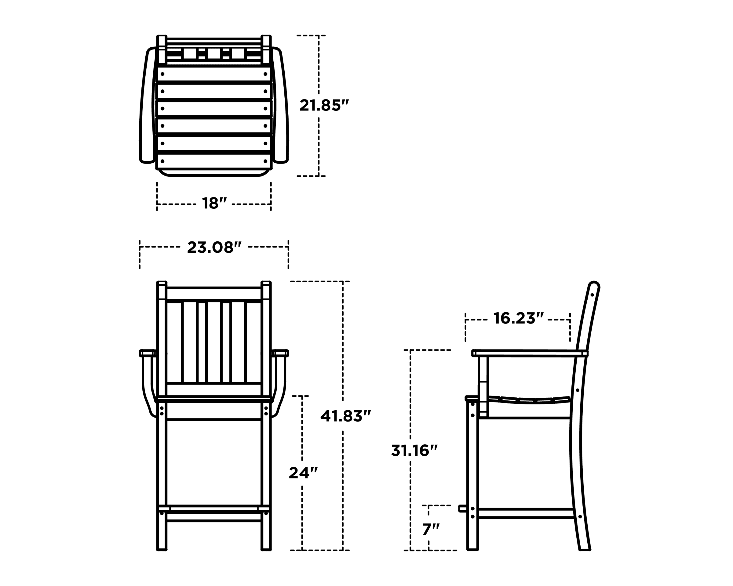 Dimensions for Traditional Garden Counter Arm Chair