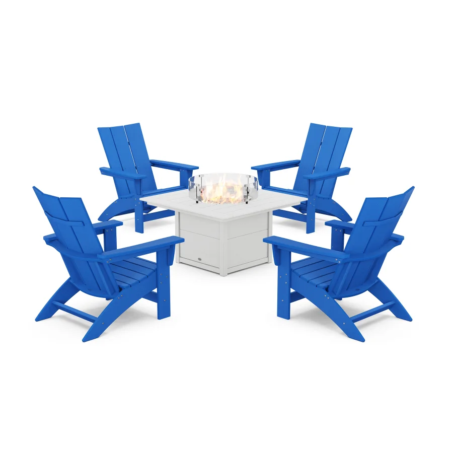 POLYWOOD 5-Piece Modern Grand Adirondack Conversation Set with Fire Pit Table in Pacific Blue / White