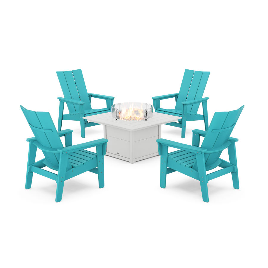 POLYWOOD 5-Piece Modern Grand Upright Adirondack Conversation Set with Fire Pit Table in Aruba / White
