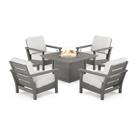 POLYWOOD Harbour 5-Piece Conversation Set with Fire Pit Table in Slate Grey / Natural Linen