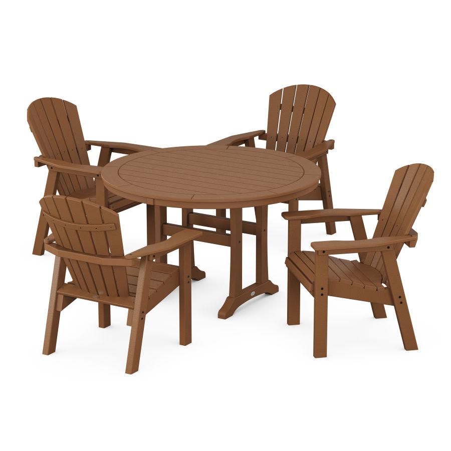 POLYWOOD Seashell 5-Piece Round Dining Set with Trestle Legs in Teak