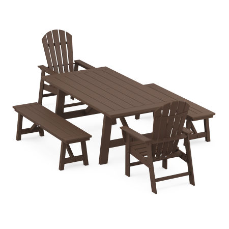 POLYWOOD South Beach 5-Piece Rustic Farmhouse Dining Set With Trestle Legs in Mahogany