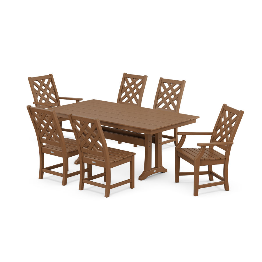 POLYWOOD Wovendale 7-Piece Farmhouse Dining Set with Trestle Legs in Teak