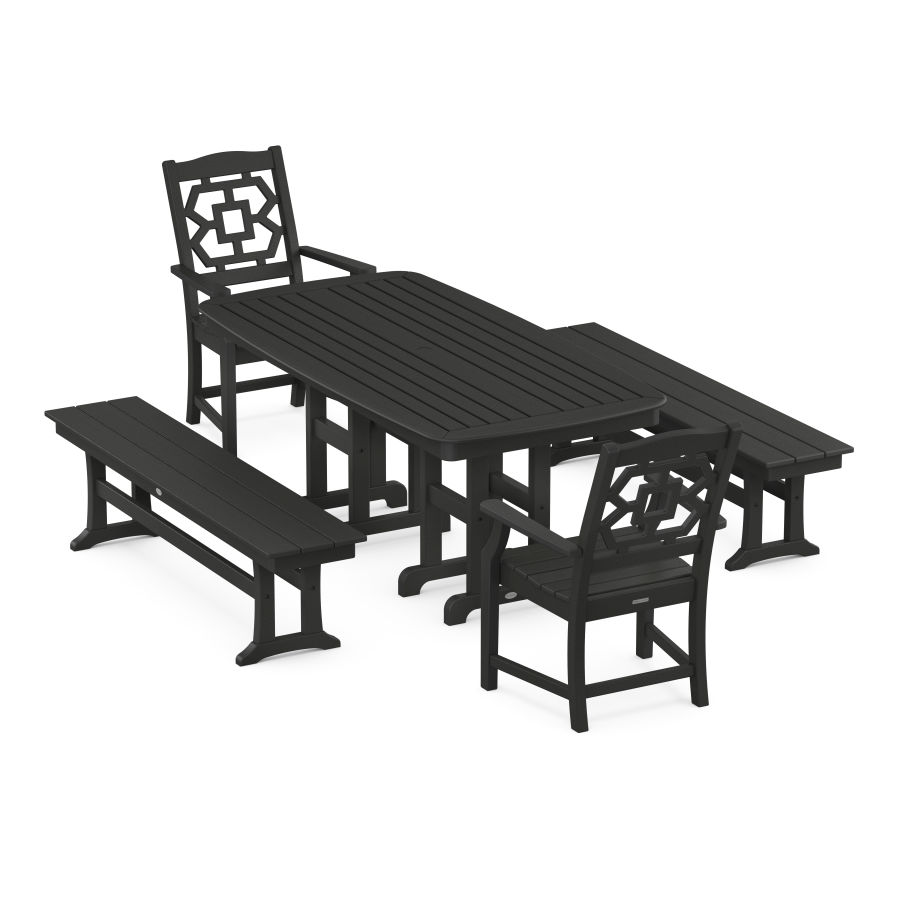 POLYWOOD Chinoiserie 5-Piece Dining Set with Benches in Black