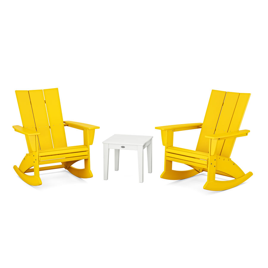 POLYWOOD Modern Curveback 3-Piece Adirondack Rocking Chair Set in Lemon / White