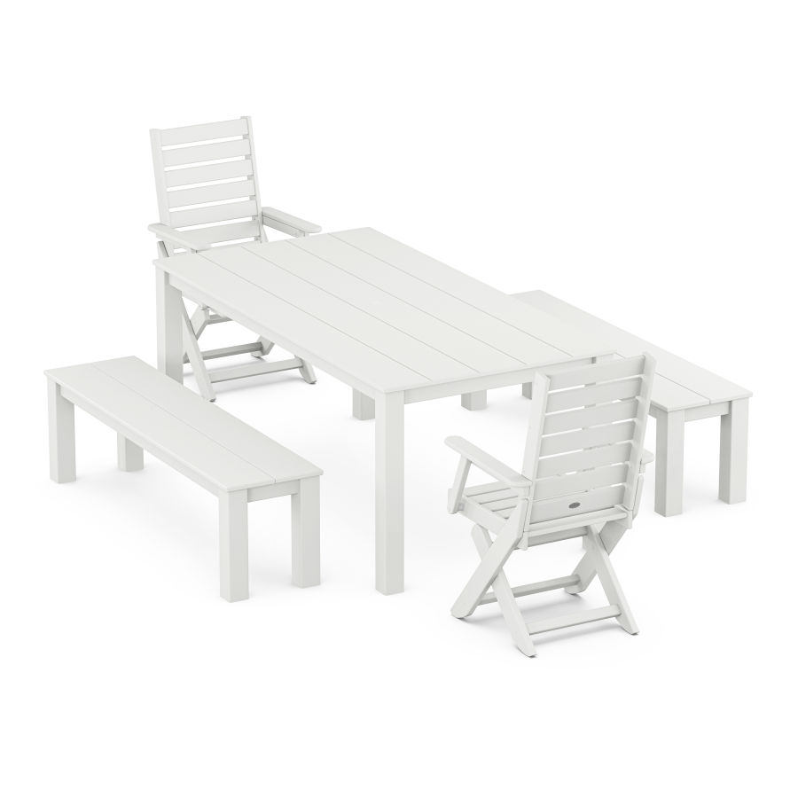 POLYWOOD Captain Folding Chair 5-Piece Parsons Dining Set with Benches in White