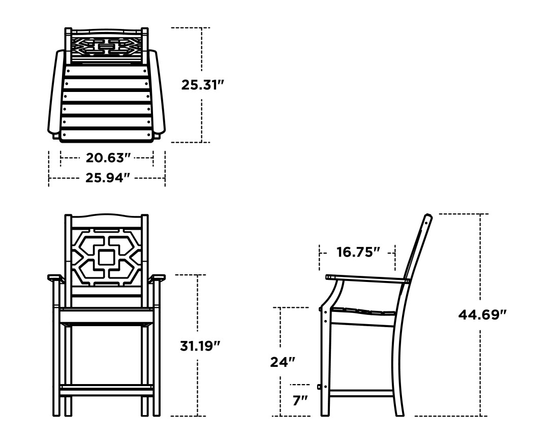 Dimensions for Chinoiserie Counter Arm Chair
