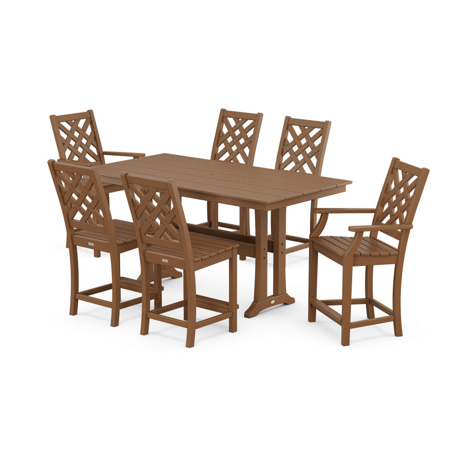 POLYWOOD Wovendale 7-Piece Farmhouse Counter Set with Trestle Legs in Teak