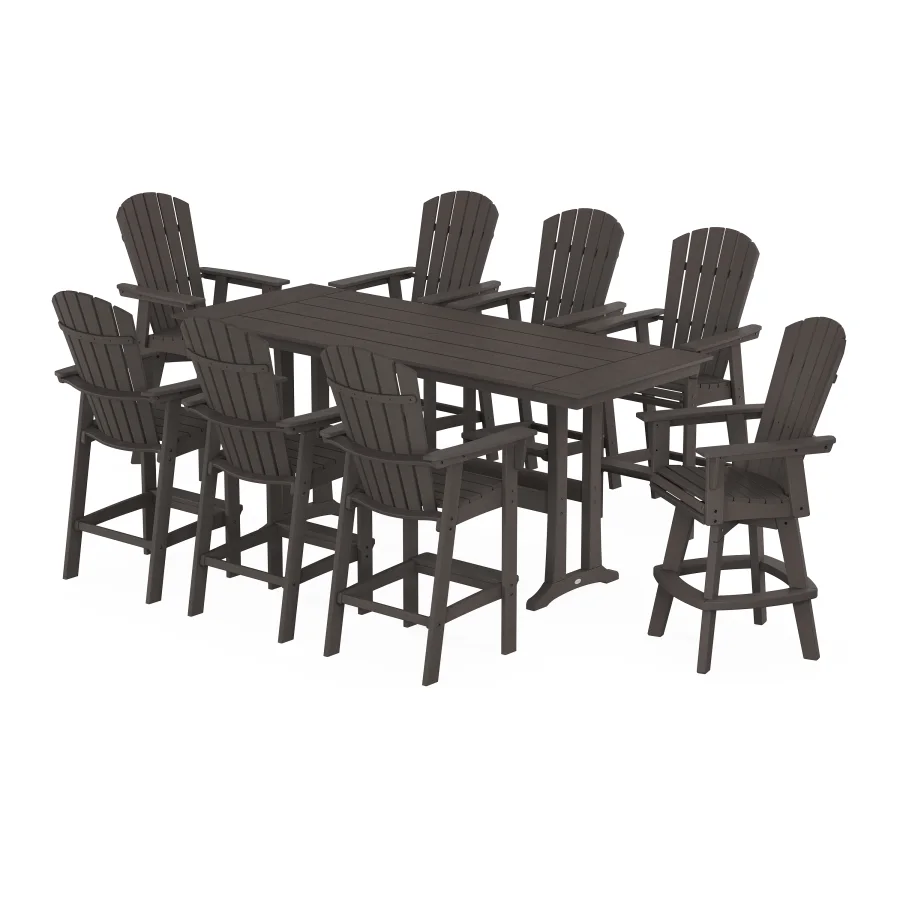 POLYWOOD Nautical Curveback Adirondack Swivel Chair 9-Piece Farmhouse Bar Set with Trestle Legs in Vintage Finish