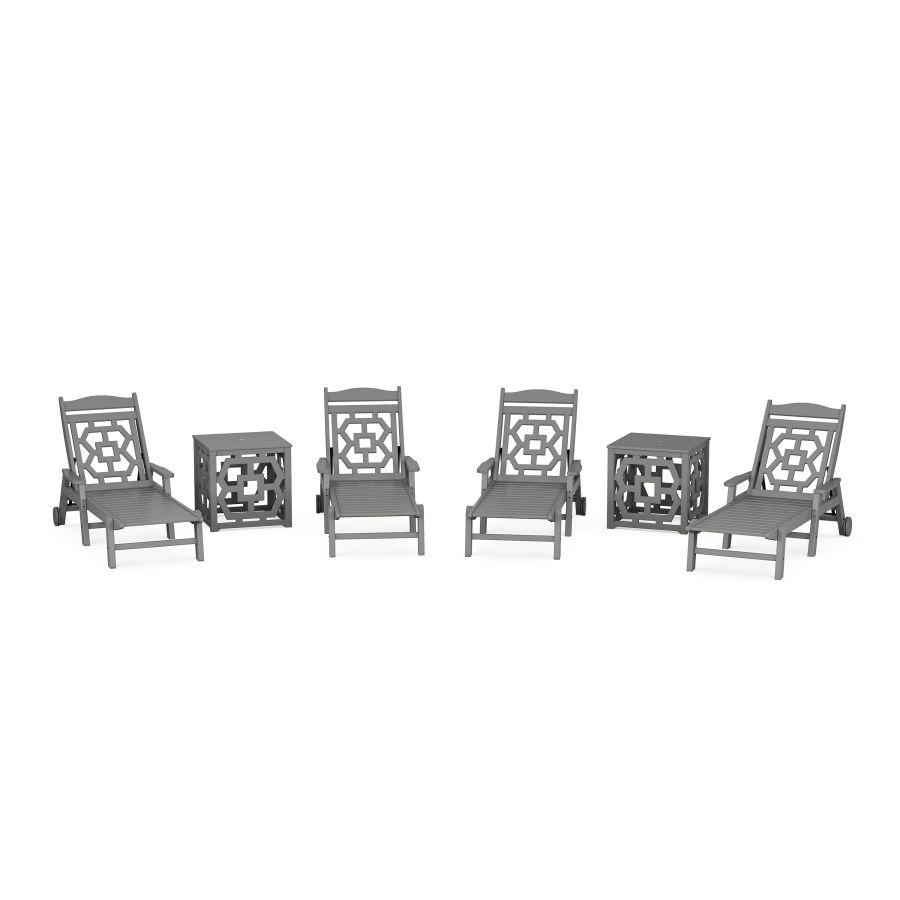 POLYWOOD Chinoiserie 6-Piece Chaise Set with Umbrella Stand Accent Table