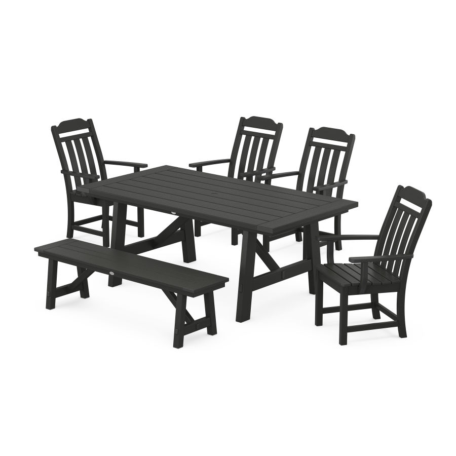POLYWOOD Country Living 6-Piece Rustic Farmhouse Dining Set with Bench in Black