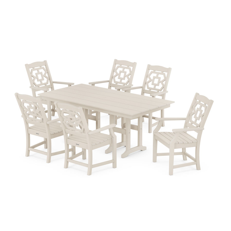 POLYWOOD Chinoiserie Arm Chair 7-Piece Farmhouse Dining Set in Sand