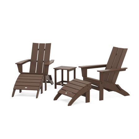 Modern Folding Adirondack Chair 5-Piece Set with Ottomans and 18" Side Table in Mahogany