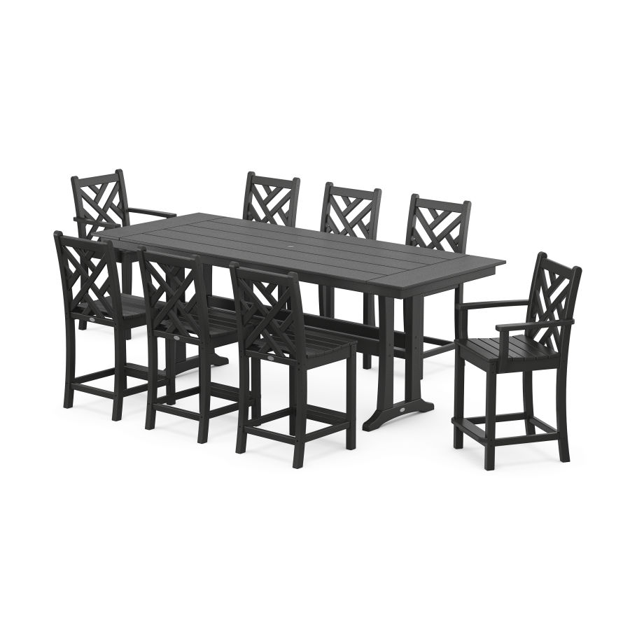 POLYWOOD Chippendale 9-Piece Farmhouse Counter Set with Trestle Legs in Black