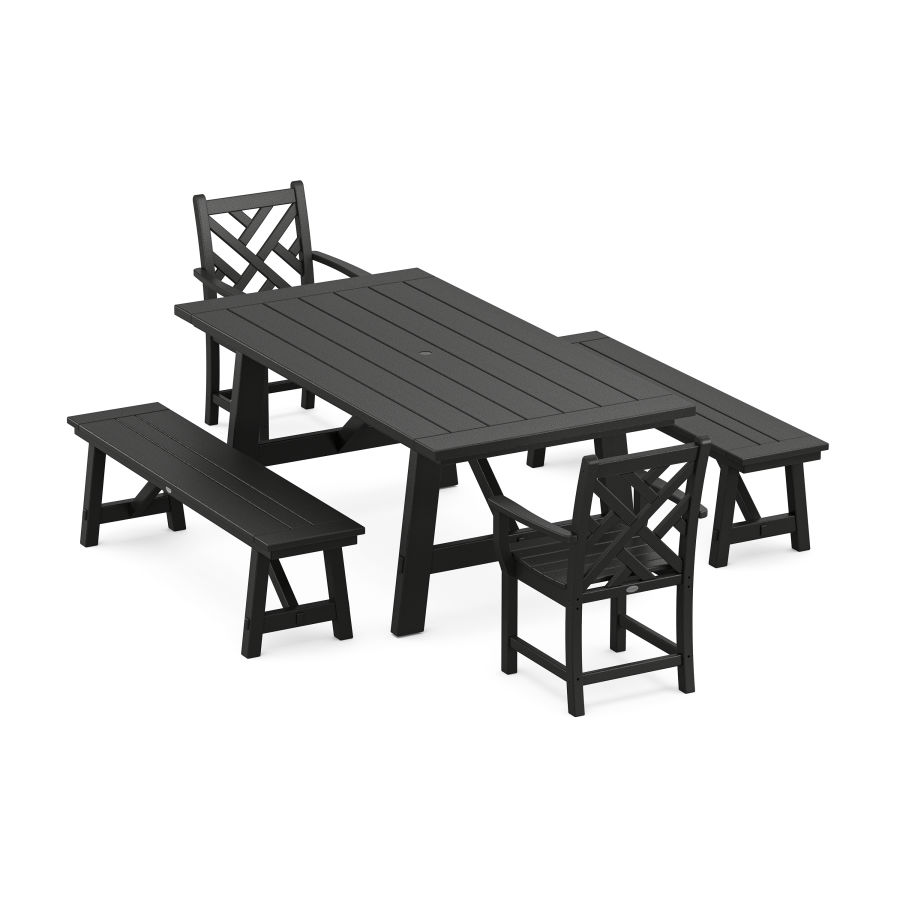 POLYWOOD Chippendale 5-Piece Rustic Farmhouse Dining Set With Trestle Legs in Black