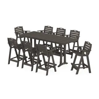 POLYWOOD Nautical 9-Piece Farmhouse Bar Set with Trestle Legs in Vintage Finish