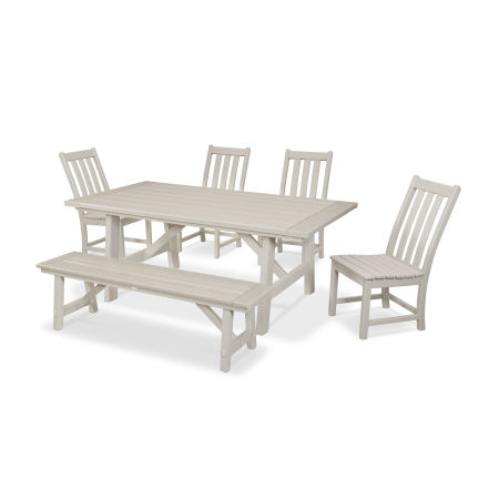 Vineyard 6-Piece Rustic Farmhouse Side Chair Dining Set with Bench in Sand