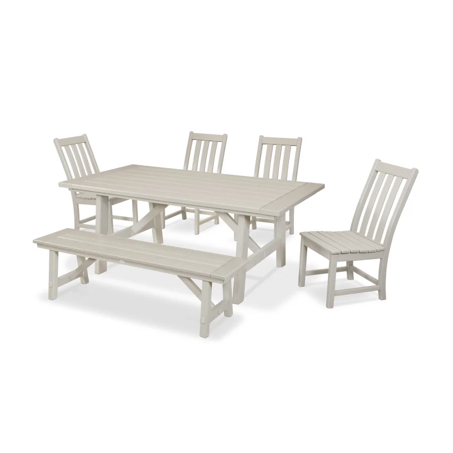 POLYWOOD Vineyard 6-Piece Rustic Farmhouse Side Chair Dining Set with Bench in Sand