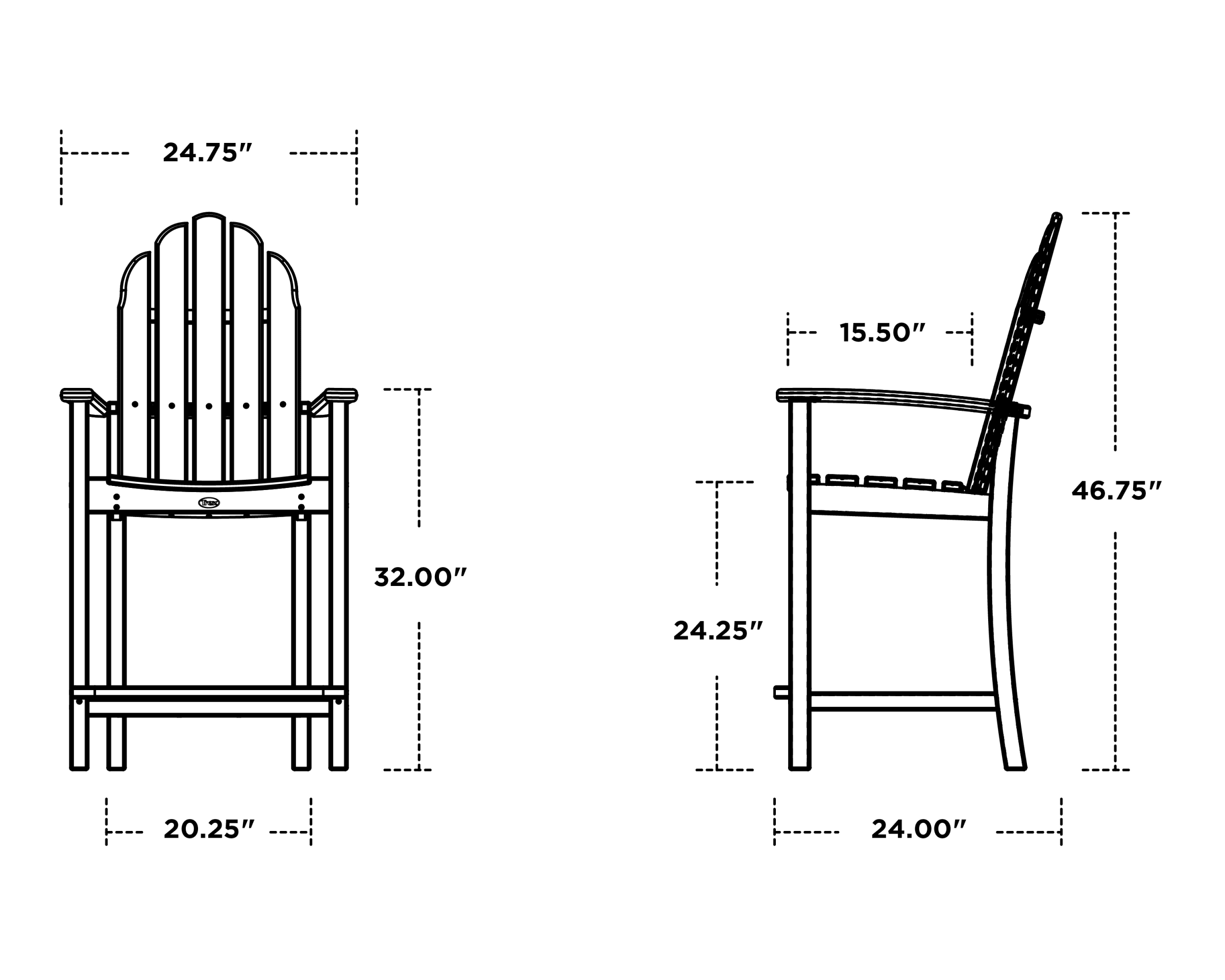 Dimensions for Cape Cod Adirondack Counter Chair