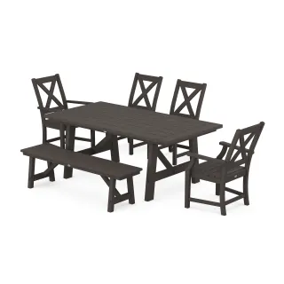 POLYWOOD Braxton 6-Piece Rustic Farmhouse Dining Set With Trestle Legs in Vintage Finish