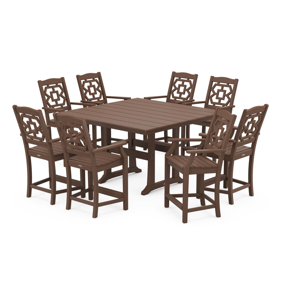 POLYWOOD Chinoiserie 9-Piece Square Farmhouse Counter Set with Trestle Legs in Mahogany