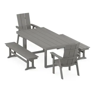 POLYWOOD Modern Curveback Adirondack 5-Piece Dining Set with Benches