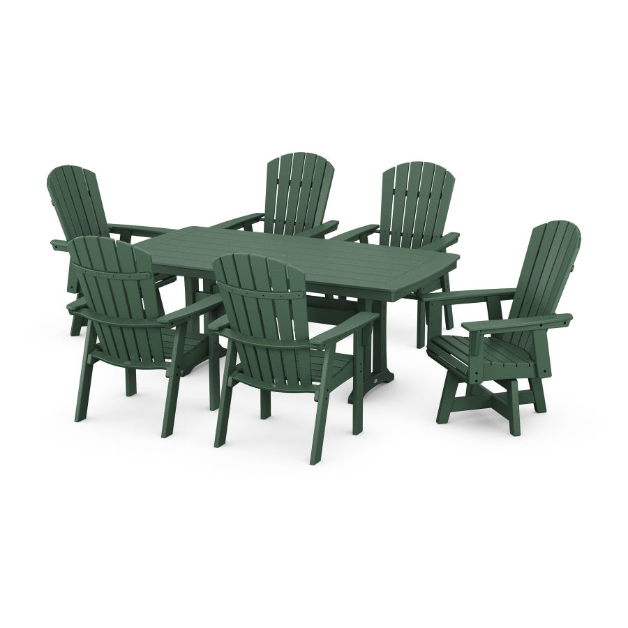 POLYWOOD Nautical Curveback Adirondack Swivel Chair 7-Piece Dining Set with Trestle Legs in Green