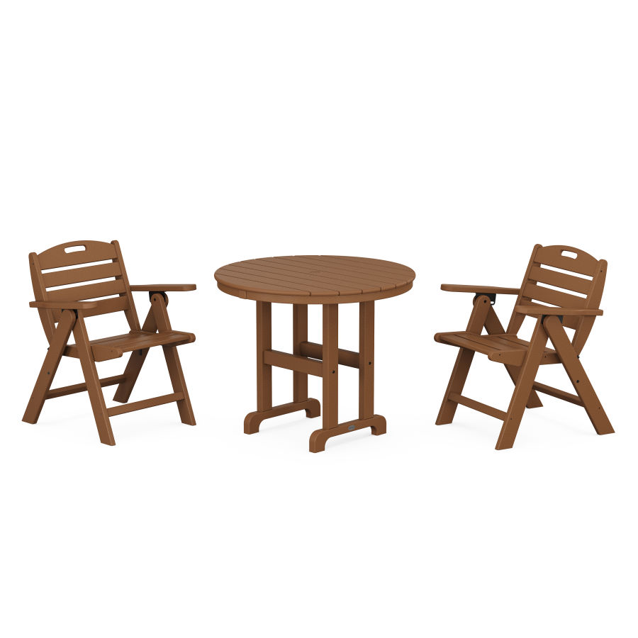 POLYWOOD Nautical Folding Lowback Chair 3-Piece Round Dining Set in Teak