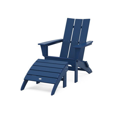 POLYWOOD Modern Folding Adirondack Chair 2-Piece Set with Ottoman in Navy