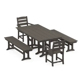 POLYWOOD Lakeside 5-Piece Farmhouse Dining Set with Benches in Vintage Finish