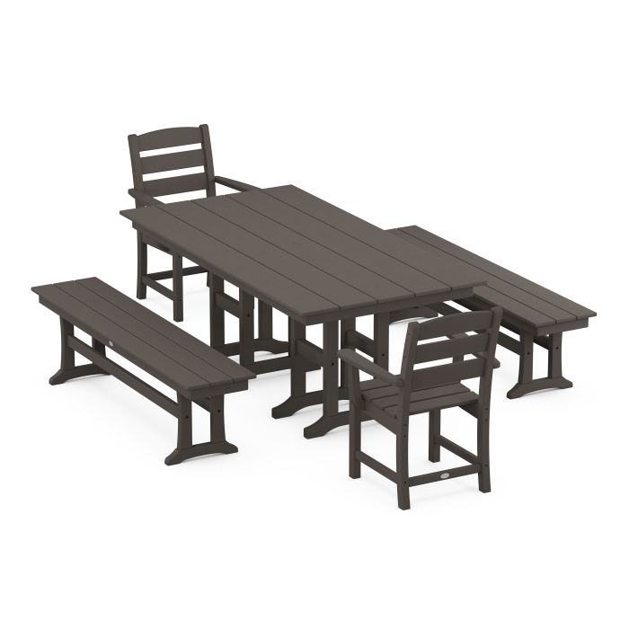 POLYWOOD Lakeside 5-Piece Farmhouse Dining Set with Benches in Vintage Finish