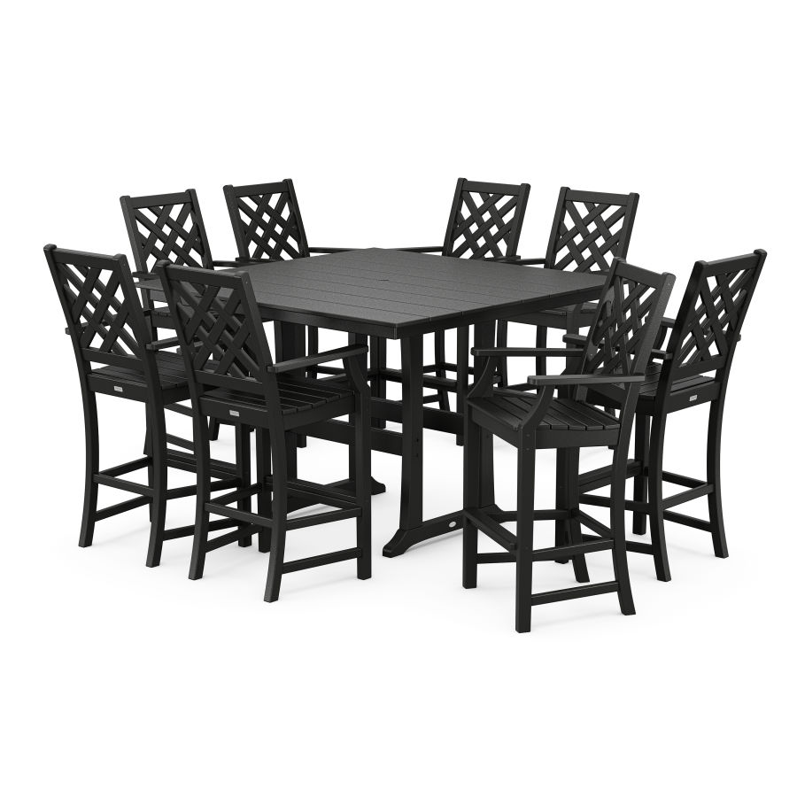 POLYWOOD Wovendale 9-Piece Square Farmhouse Bar Set with Trestle Legs in Black