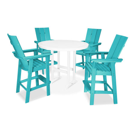 POLYWOOD Modern Adirondack 5-Piece Nautical Trestle Bar Set in Aruba / White