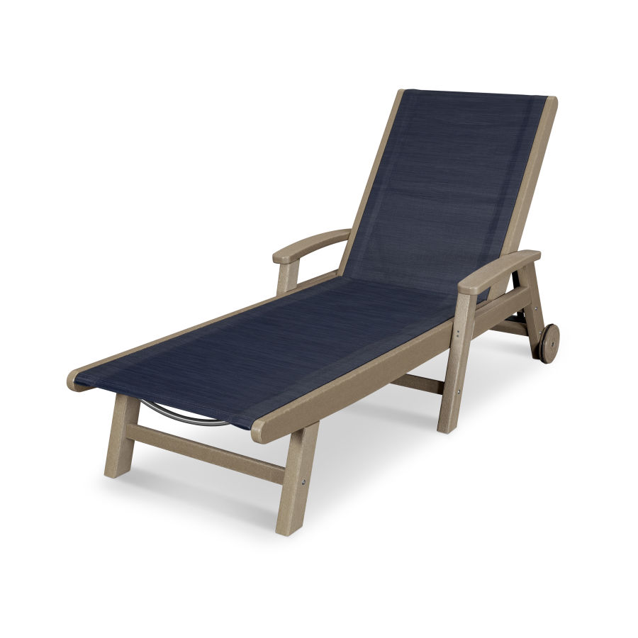 POLYWOOD Coastal Chaise with Wheels in Vintage Sahara / Sapphire Sling