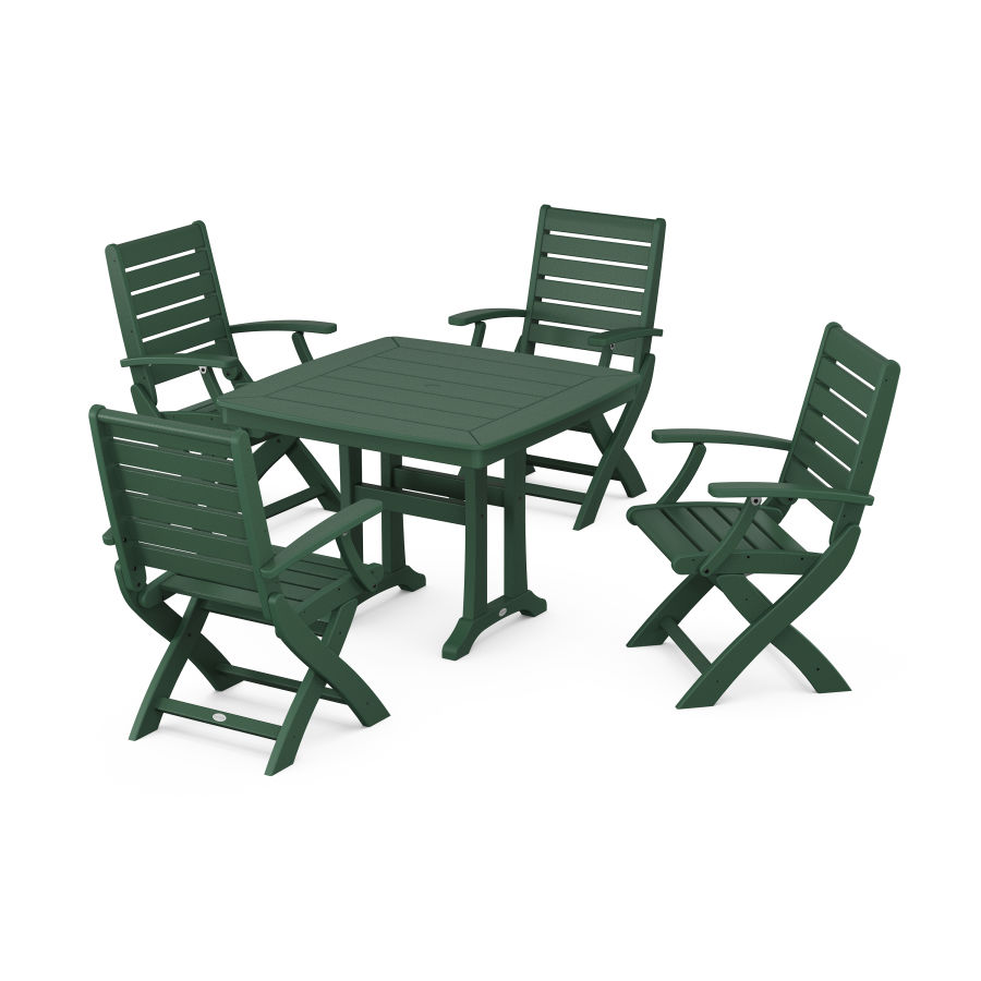 POLYWOOD Signature Folding Chair 5-Piece Dining Set with Trestle Legs in Green
