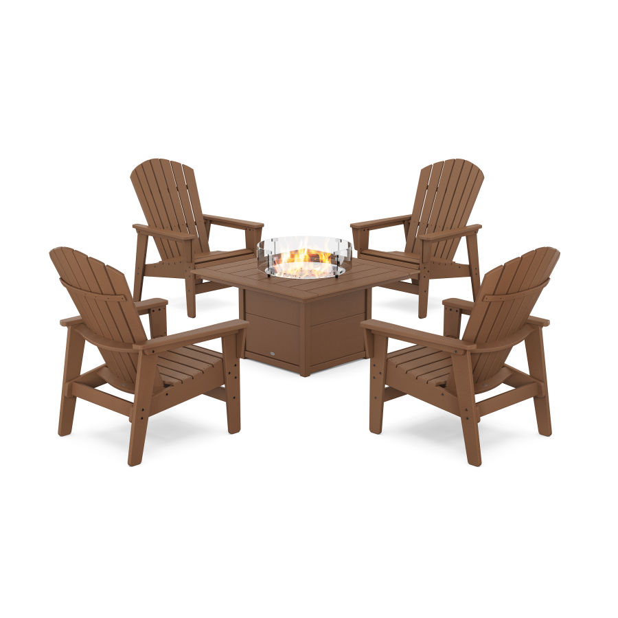 POLYWOOD 5-Piece Nautical Grand Upright Adirondack Conversation Set with Fire Pit Table in Teak