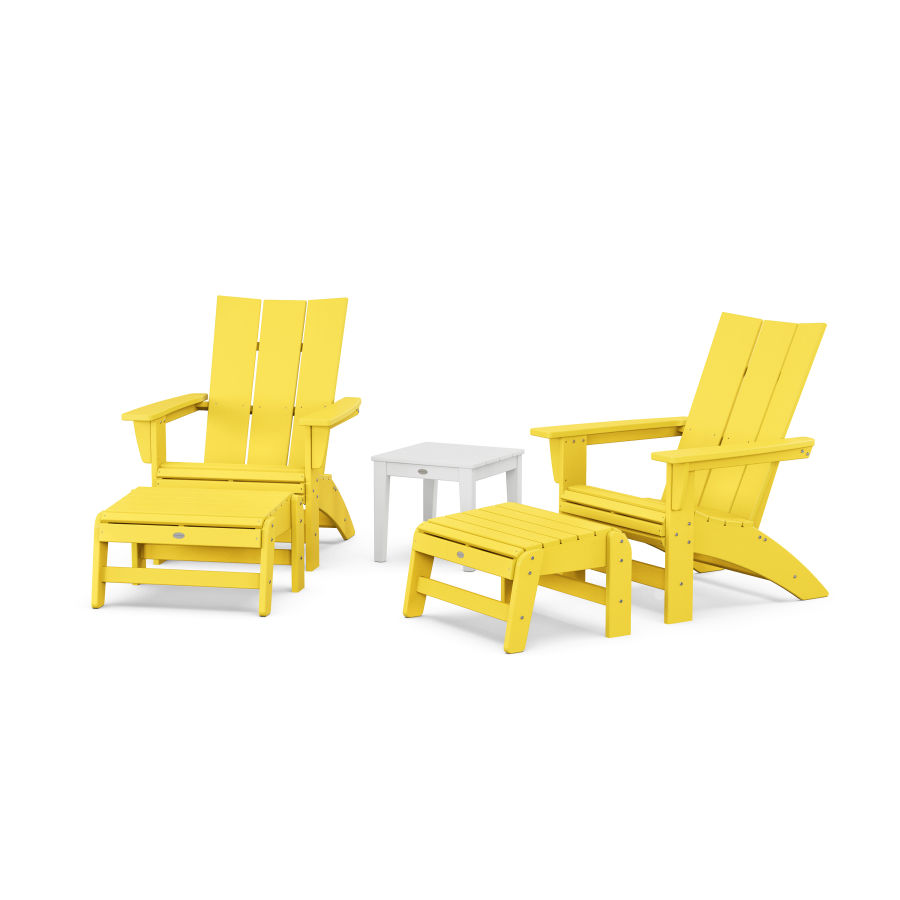 POLYWOOD 5-Piece Modern Grand Adirondack Set with Ottomans and Side Table in Lemon / White