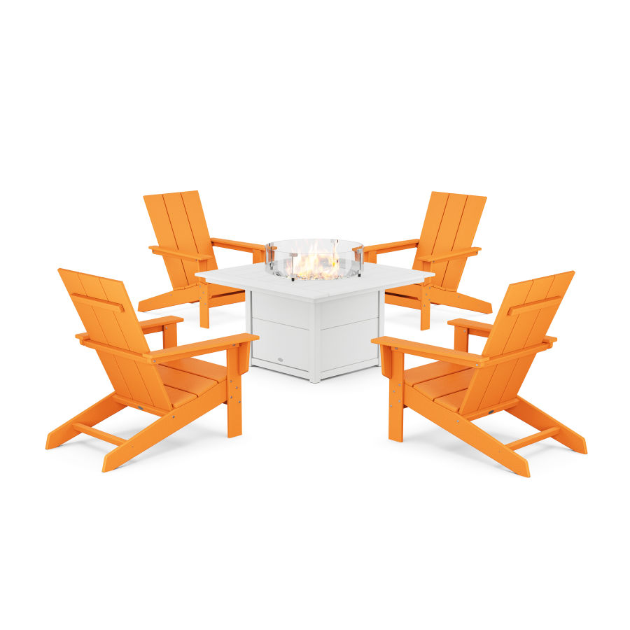POLYWOOD 5-Piece Modern Studio Adirondack Conversation Set with Fire Pit Table in Tangerine