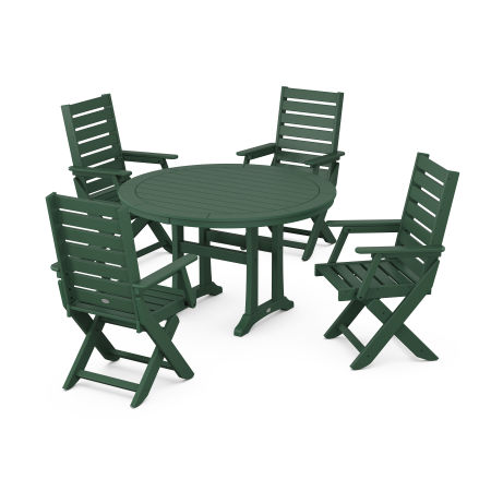 POLYWOOD Captain Folding Chair 5-Piece Round Dining Set with Trestle Legs in Green