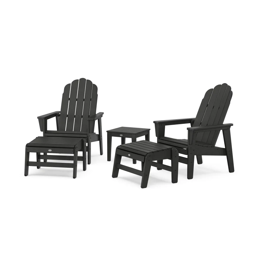 POLYWOOD 5-Piece Vineyard Grand Upright Adirondack Set with Ottomans and Side Table in Black