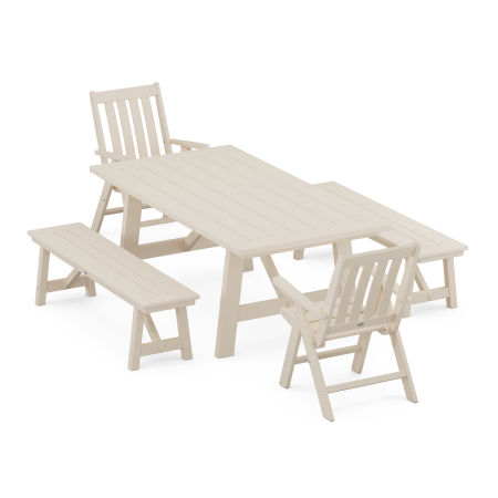 Vineyard Folding 5-Piece Rustic Farmhouse Dining Set With Trestle Legs in Sand