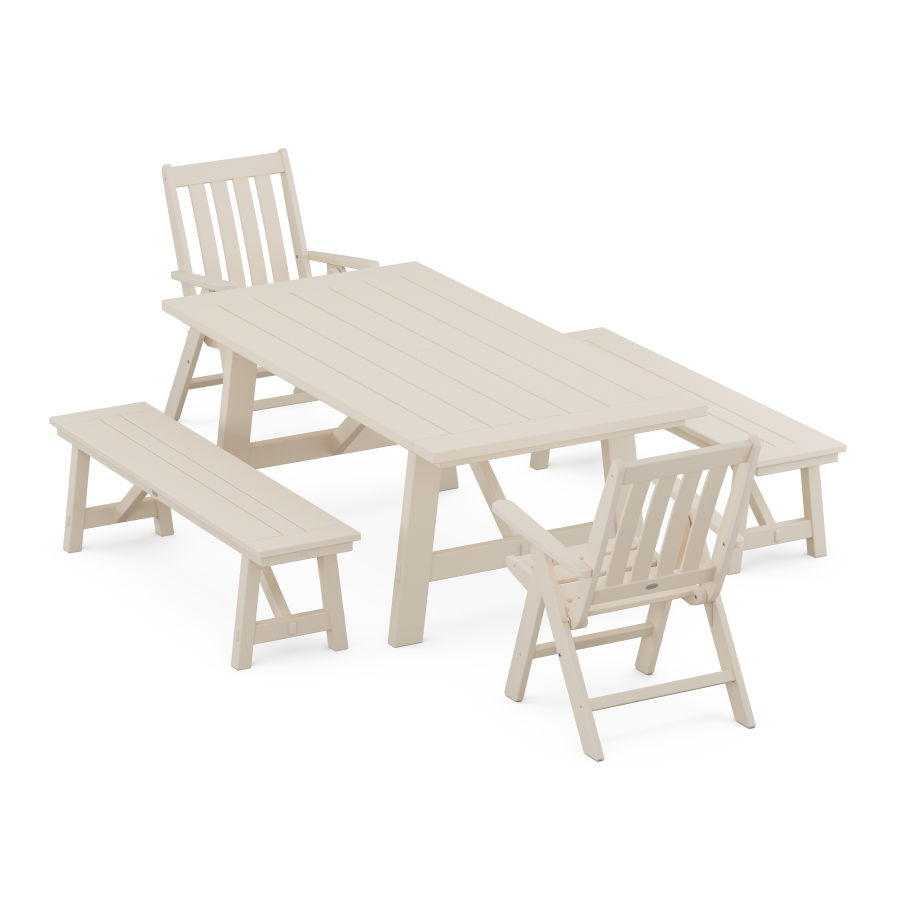 POLYWOOD Vineyard Folding 5-Piece Rustic Farmhouse Dining Set With Trestle Legs in Sand