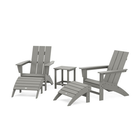 Modern Adirondack Chair 5-Piece Set with Ottomans and 18" Side Table in Slate Grey