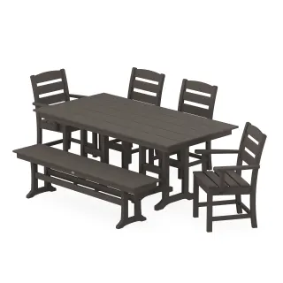 POLYWOOD Lakeside 6-Piece Farmhouse Dining Set with Bench in Vintage Finish