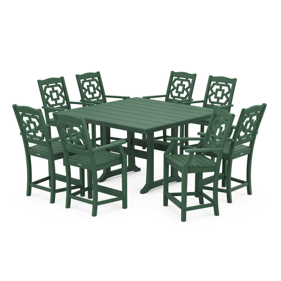 POLYWOOD Chinoiserie 9-Piece Square Farmhouse Counter Set with Trestle Legs in Green
